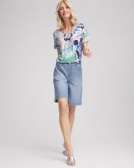 Chico's Tropical Nights Sweater-Trim Linen Tee BLUE CASA