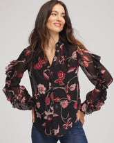 Chico's Georgette Celtic Blooms Blouse BLACK