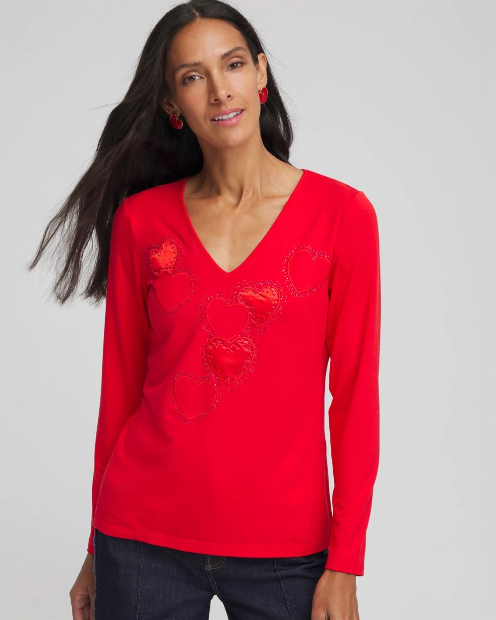 Chico's Embellished Heart V-Neck Tee LOVE LETTER RED