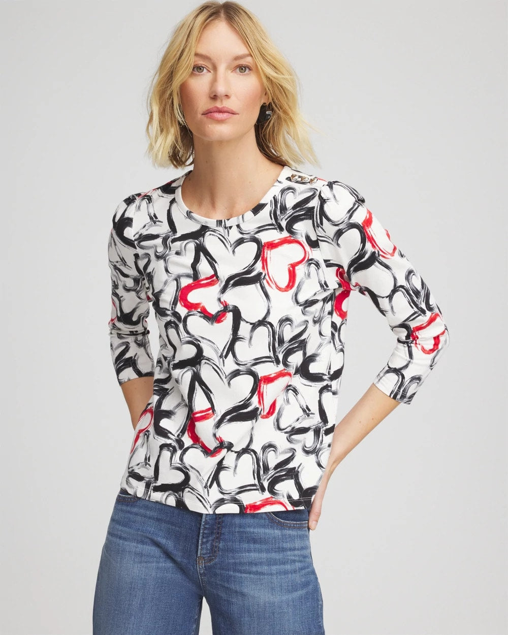 Chico's Love Brush Button Heart Tee BLACK