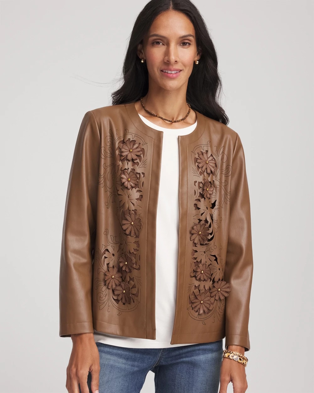 Chico's Floral Cutwork Faux Leather Jacket CHOCOLATE TRUFFLE