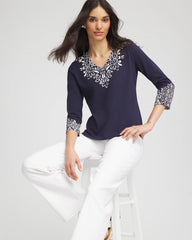Chico's Chic Scroll 3/4 Sleeve Perfect Tee PASSPORT BLUE