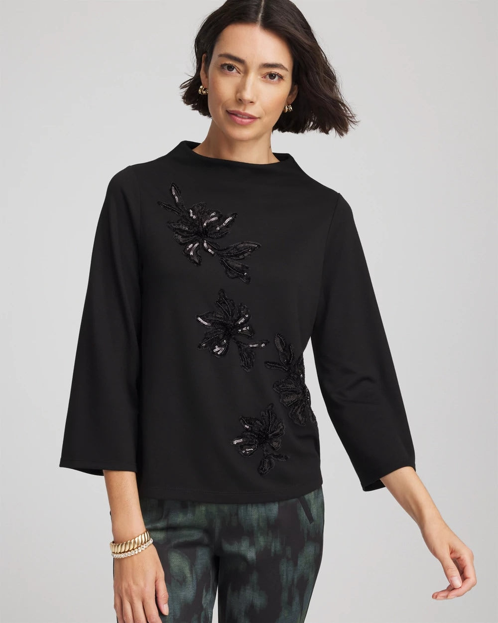 Chico's Embellished Structured Top BLACK