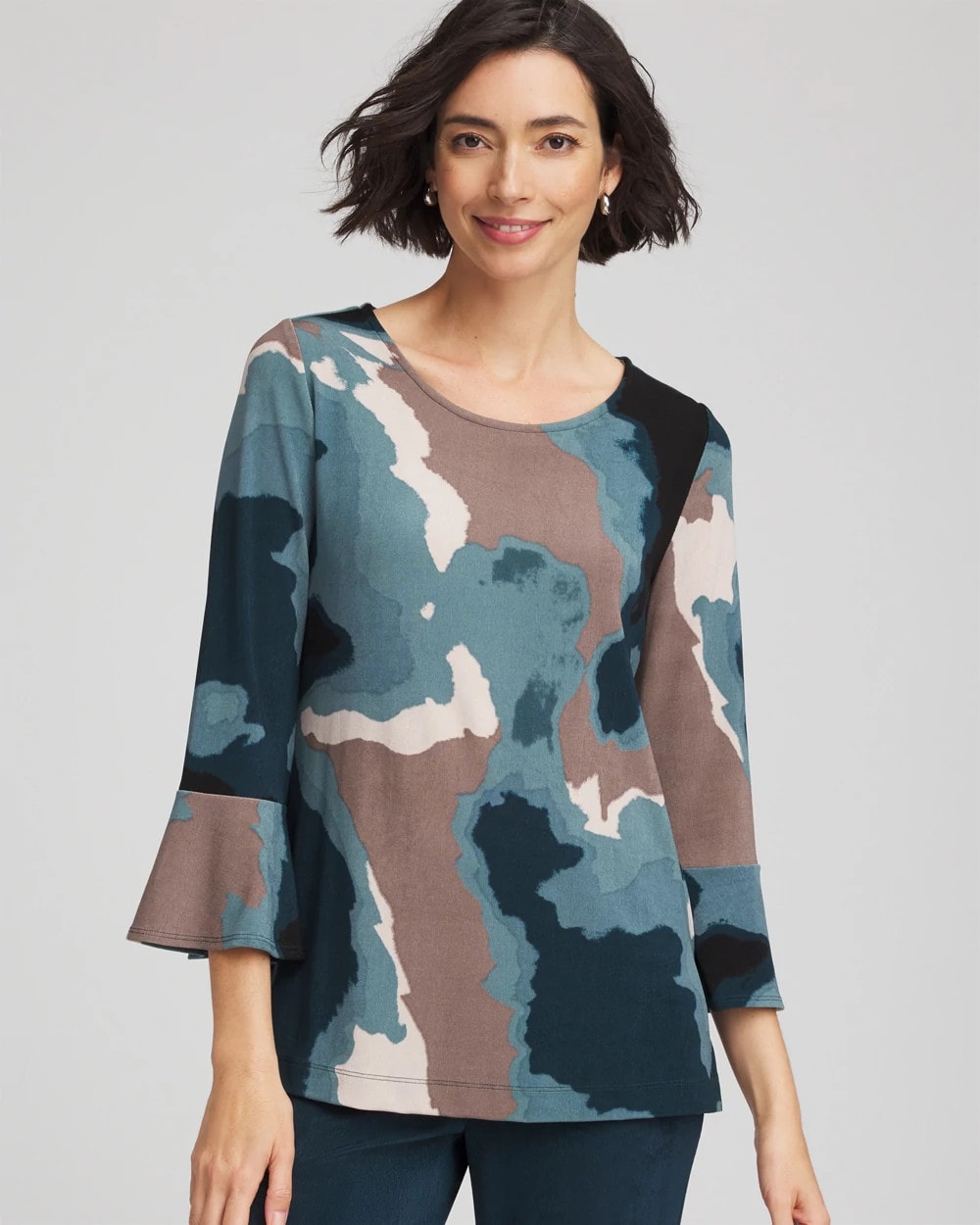 Chico's Travelers™ Crystal Flounce Sleeve Tunic TEAL SHADOW