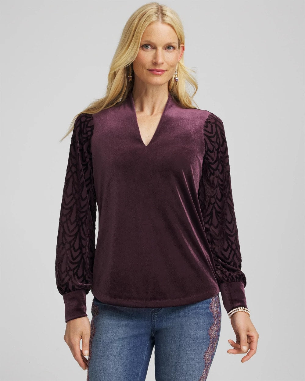 Chico's Art Deco Velvet Burnout Top NIGHT BLOOM