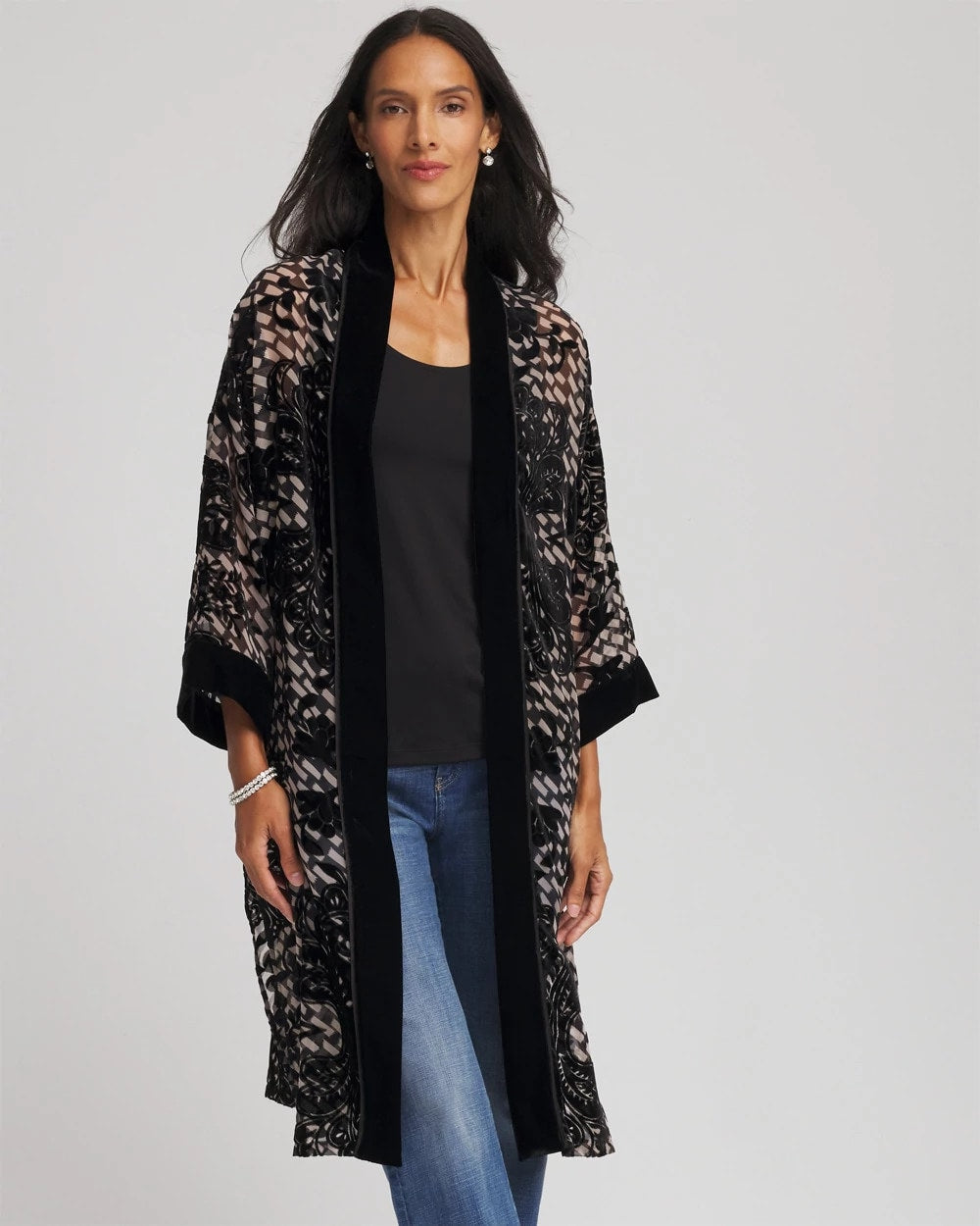 Chico's Art Deco Burnout Kimono BLACK