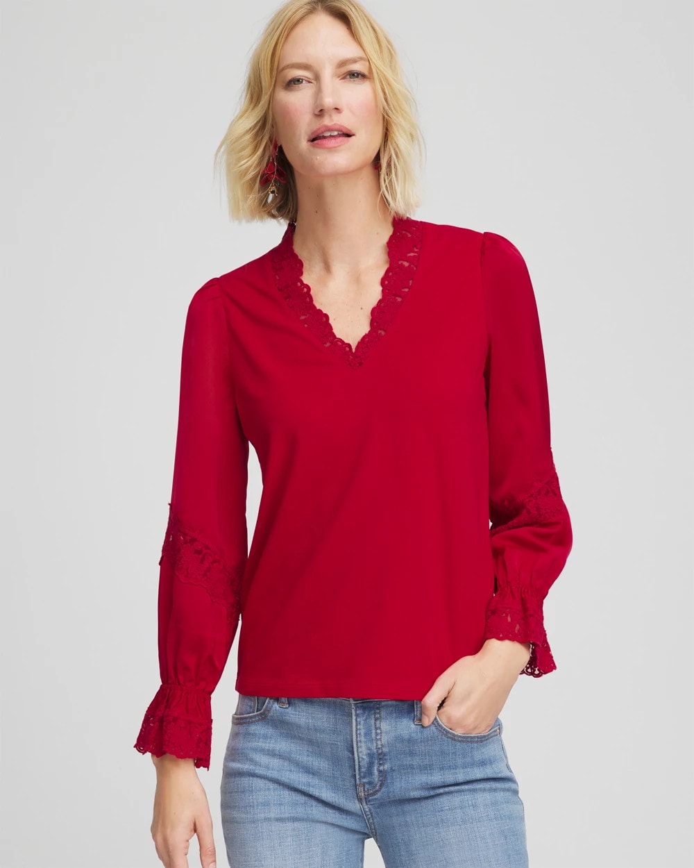 Chico's Lace V-Neck Top CARMINE RED
