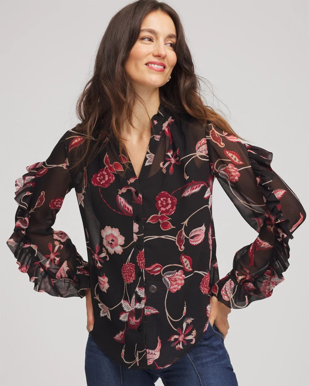 Chico's Georgette Celtic Blooms Blouse BLACK