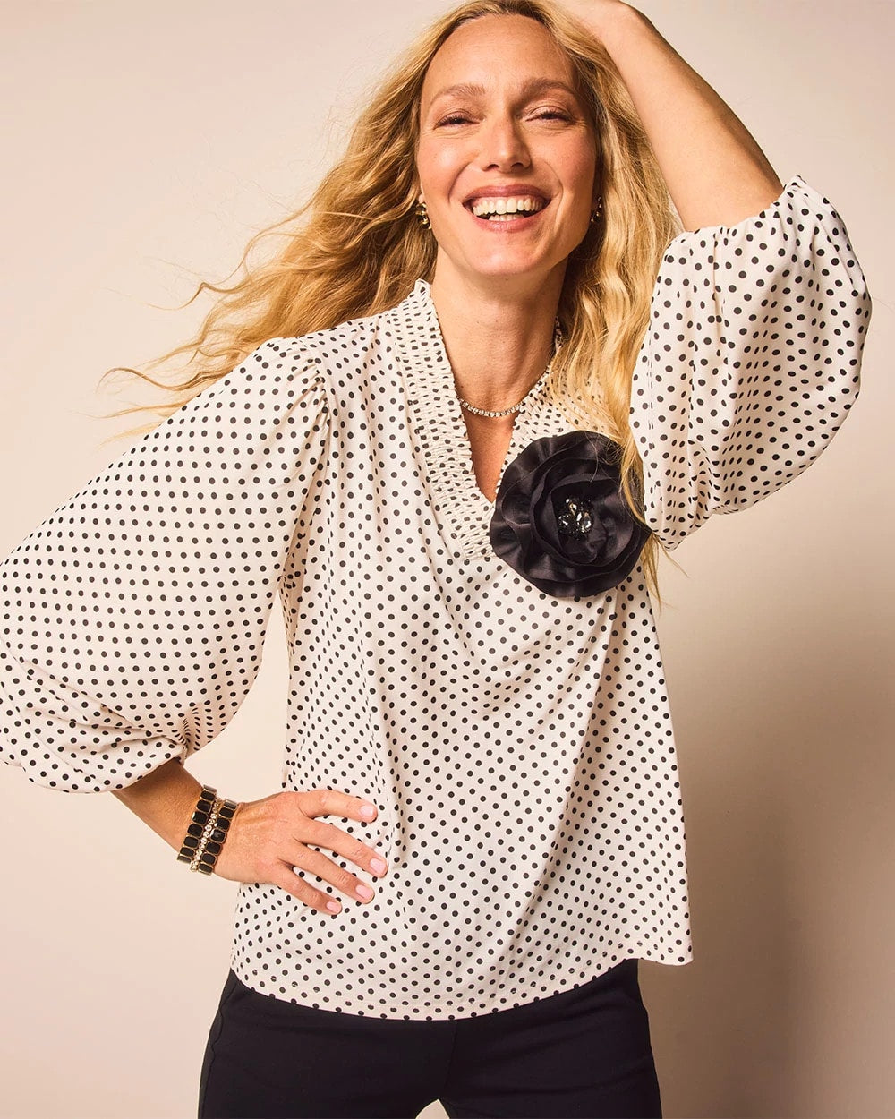 Chico's Bubble-Sleeve Smocked Top ENGLISH CREAM