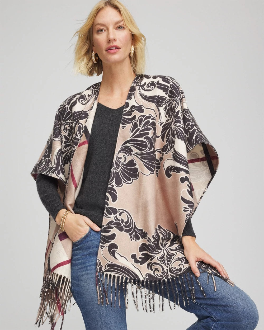 Chico's Reversible Printed Fringe Ruana CHAMPAGNE FIZZ