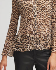 Chico's Animal-Print Pleated Georgette Blouse BLACK