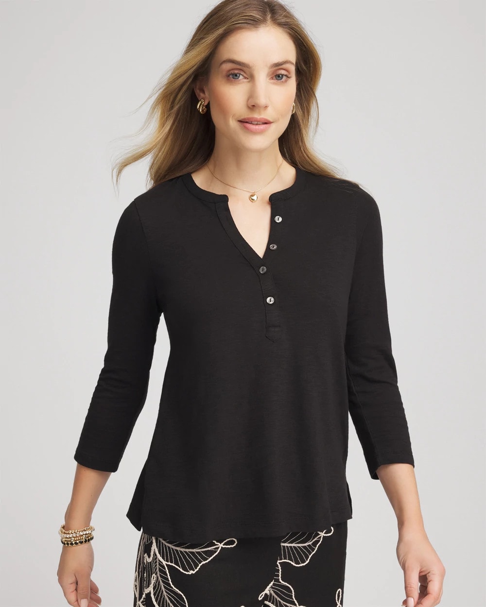 Chico's Cotton Slub Henley Shirt BLACK