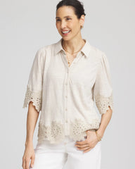 Chico's Crochet Trim Linen Shirt RIVER ROCK