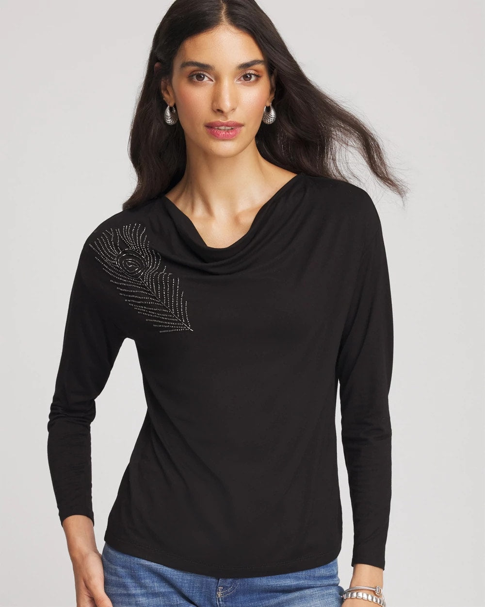 Chico's Embellished Cowlneck Dolman Tee BLACK