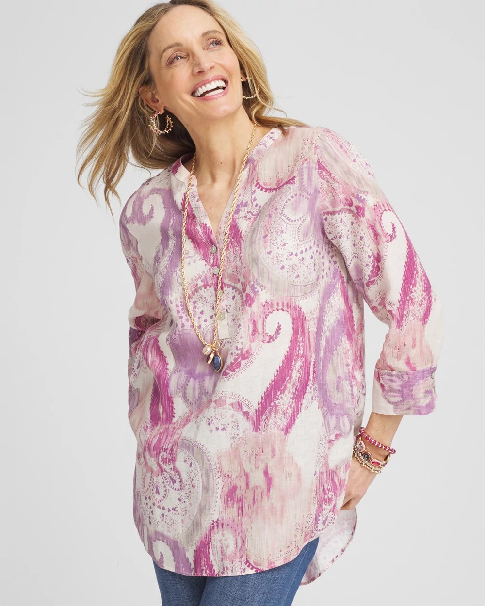 Chico's No Iron™ Multi Paisley Linen Tunic FRENCH BLUSH