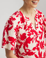 Chico's Floral Linen Popover Shirt RED GLOW