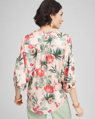 Chico's Floral Satin Tie-Front Pullover Top CORAL BLOSSOM