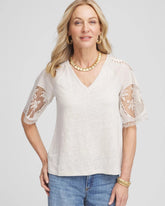 Chico's Linen Crochet Lace Short Sleeve Tee RIVER ROCK