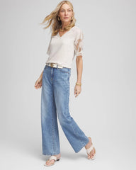 Chico's Linen Crochet Lace Short Sleeve Tee RIVER ROCK