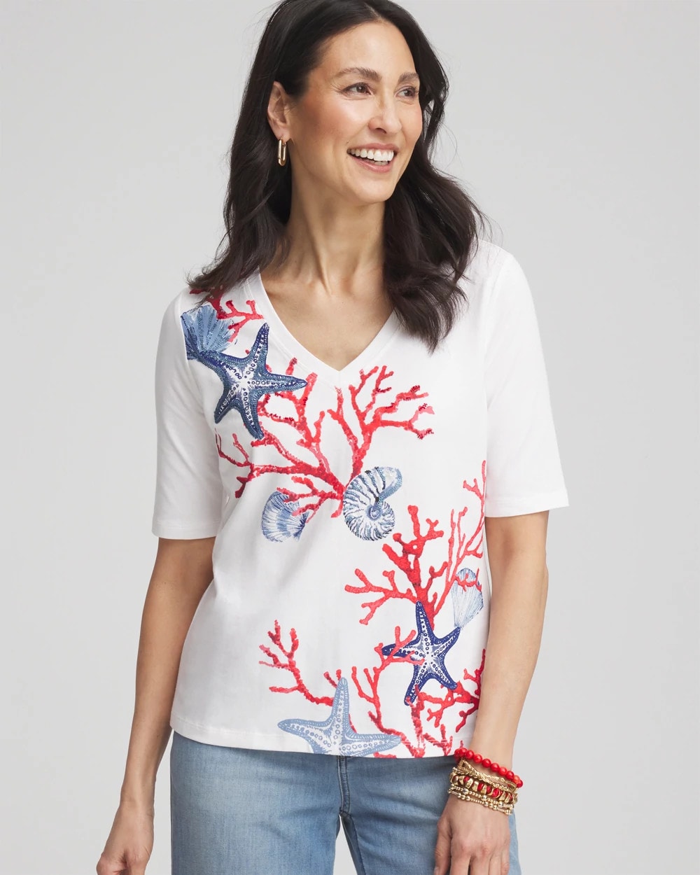 Chico's Coral Print V-Neck Perfect Tee ALABASTER