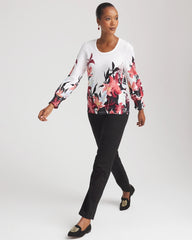 Chico's Floral-Motif Smocked Cotton-Slub Tee ALABASTER