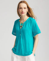 Chico's Linen Lace-Cutwork Sleeve Henley Tee SEASPRAY