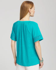 Chico's Linen Lace-Cutwork Sleeve Henley Tee SEASPRAY