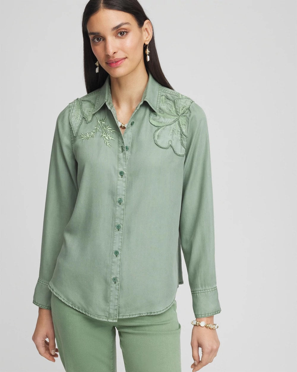 Chico's Embellished Lyocell Tencel™ Collared Shirt MINERAL GREEN