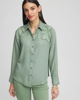 Chico's Embellished Lyocell Tencel™ Collared Shirt MINERAL GREEN