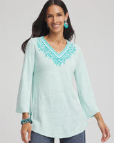 Chico's Linen Embroidered V-Neck Tunic TEAL WATERS