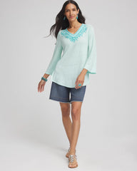 Chico's Linen Embroidered V-Neck Tunic TEAL WATERS
