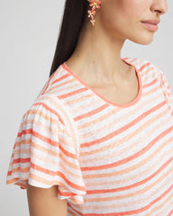 Chico's Striped Linen Smocked Flutter-Sleeved Tee MELON MAMBO