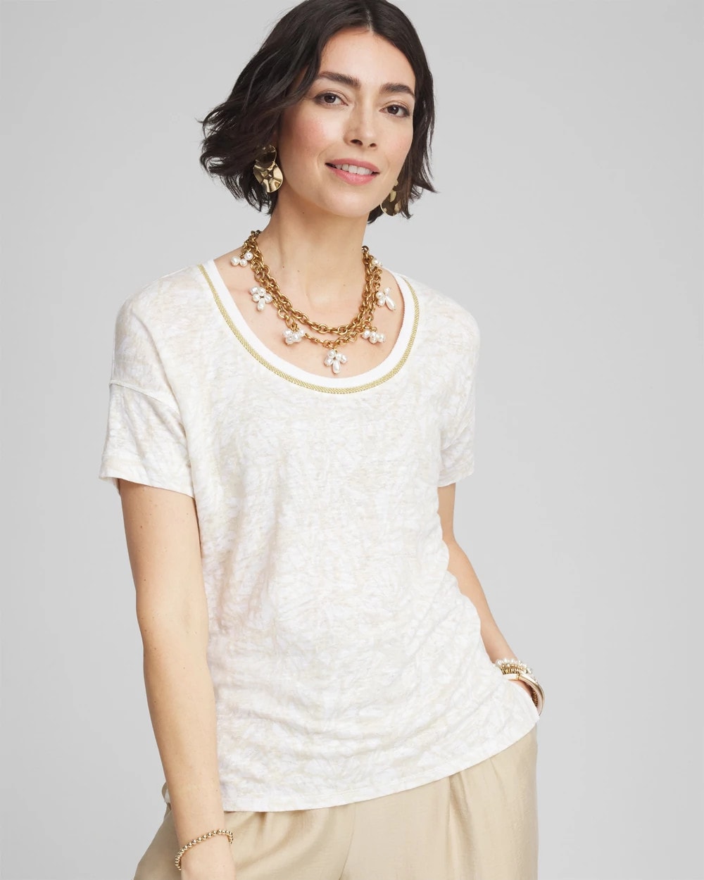 Chico's Printed Sweater Trim Linen Tee RIVER ROCK