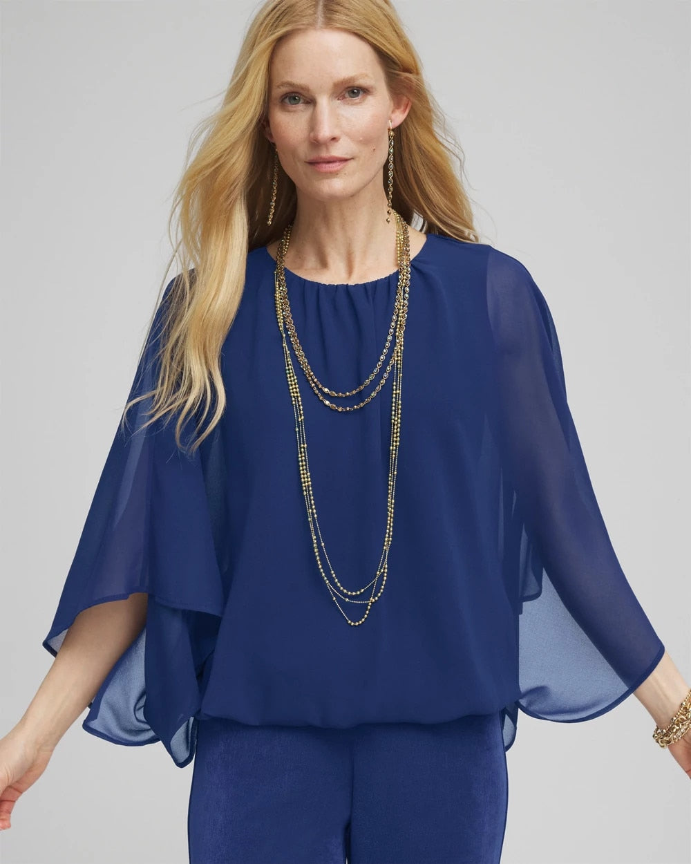 Chico's Travelers™ Collection Bubble Hem Chiffon Blouse BLUE CASA