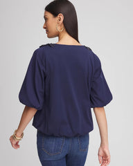 Chico's Bubble Hem Pleated Cotton Top PASSPORT BLUE