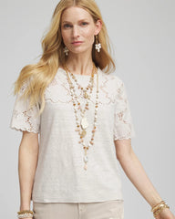 Chico's Embroidered Lace Linen Tee RIVER ROCK