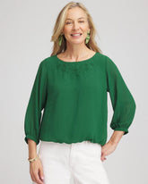 Chico's Embroidered Crinkle Chiffon Blouse PALM LEAF