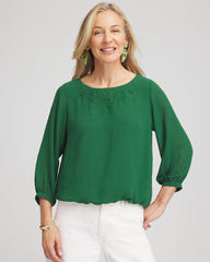 Chico's Embroidered Crinkle Chiffon Blouse PALM LEAF