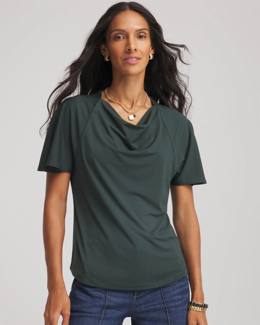 Chico's Jersey Knit Cowlneck Tee DARKEST SPRUCE