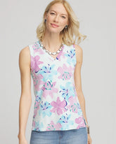 Chico's Floral Sleeveless V-Neck Tank PARADISO BLUE