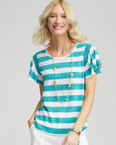 Chico's Linen Metallic Striped Flutter-Sleeve Tee SEASPRAY