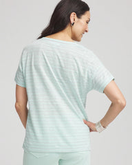 Chico's Striped Sweater-Trim Linen Tee TEAL WATERS