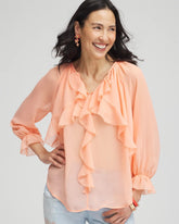 Chico's Georgette Sheer Ruffle Blouse CORAL BLOSSOM