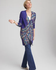 Chico's Ella Peacock-Print Cardigan Sweater DARK COBALT