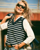 Chico's Striped V-Neck 2 in 1 Sweater Vest PASSPORT BLUE