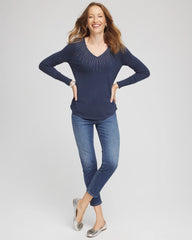 Chico's Ella Embellished V-Neck Sweater INDIGO SKY