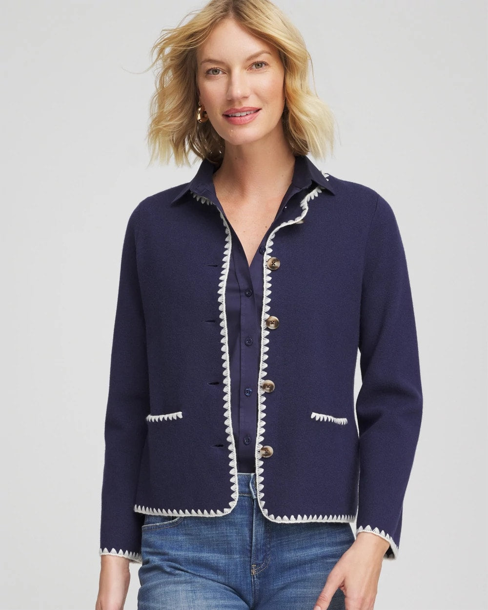 Chico's Blanket Stitch Crewneck Cardigan PASSPORT BLUE