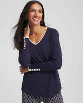 Chico's Ella Tipped V-Neck Pullover Sweater PASSPORT BLUE