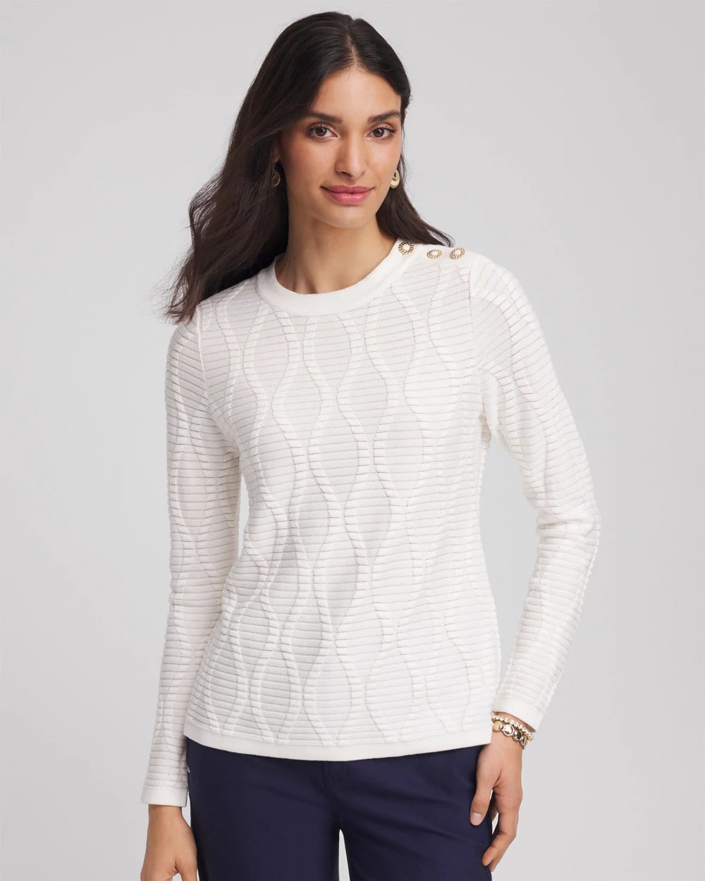 Chico's Button Shoulder Crewneck Pullover ECRU