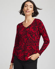 Chico's Ella Printed V-Neck Sweater CARMINE RED